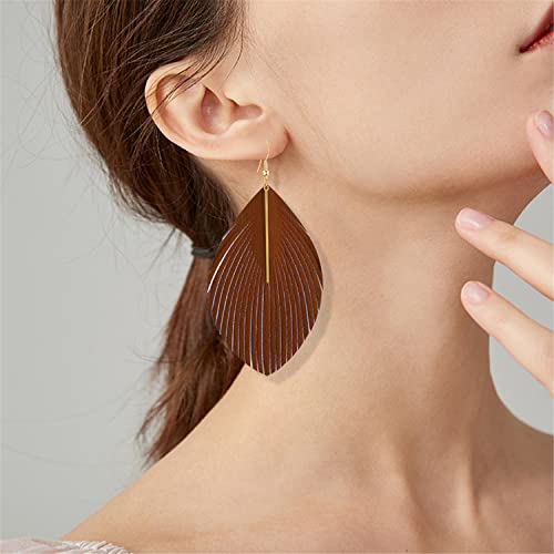 Bohemian Handmade Lightweight Color Large Genuine Soft Leather Fringe Feather Leaf Tear Dangle Drop Earrings for Women Statement - color: Brown