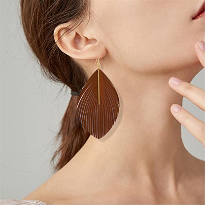 Bohemian Handmade Lightweight Color Large Genuine Soft Leather Fringe Feather Leaf Tear Dangle Drop Earrings for Women Statement - color: Brown