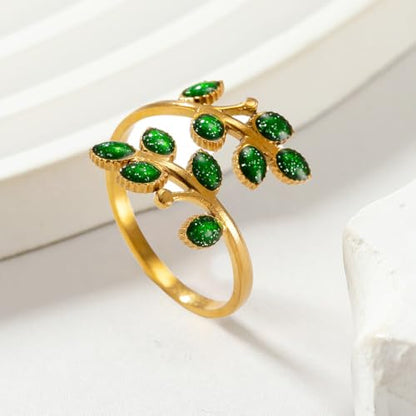 18K Gold Plated Floral Leaf Ring for Women Promise Engagement Open Ring Adjustable Wrap Colorful Jewelry Gift - color: Green