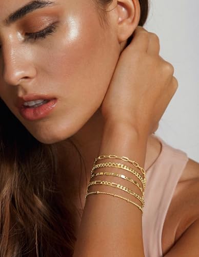 Gold Bracelets Set for Women Non Tarnish Trendy,14K Gold Plated Dainty Stackable Paperclip Cuban Link Chain Bracelets, Simple Cute Cuff Bracelets Jewelry Set Adjustable 7"+2" - color: Gold
