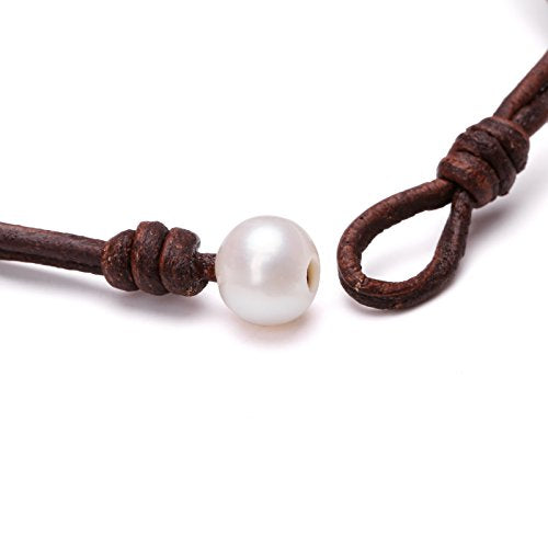 Single Cultured Freshwater Pearl Bracelet Handmade Leather Pearl Jewelry for Women 7'' - style: 7'' Brown