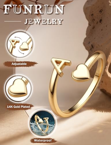 FUNRUN JEWELRY Gold Initial Ring for Women Non Tarnish 14K Gold Plated | Adjustable Letter Rings A-Z Dainty Heart Alphabet Stackable Band Rings Trendy Capital Letter Pinky Knuckle Thumb Ring - style: A Initial Ring