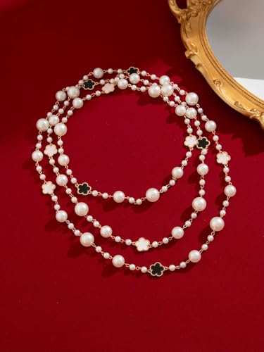 Long Pearl Necklaces for Women Pearl Long Chain Necklace Gold Chain Dainty Delicate Station Necklace Jewelry for Dress Party - color: 3Layer