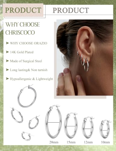 ORAZIO Stainless Steel Hoop Earrings Set Huggie Earrings for Women | Hypoallergenic Thin Small Non Tarnish Lightweight Dainty Trendy 10-20MM Women Stacks Multiple Piercing Jewelry Gift - style: Silver Plated,4 pairs