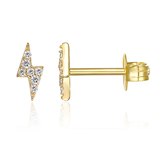 PAVOI 14K Gold Plated Dainty Stud Earrings for Women, CZ Earring Piercing | Hypoallergenic Earrings with 925 Sterling Silver Posts, Bolt, Moon, Star & Flower Celestial Studs with Cubic Zirconia - style: Lightning