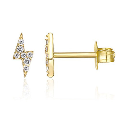 PAVOI 14K Gold Plated Dainty Stud Earrings for Women, CZ Earring Piercing | Hypoallergenic Earrings with 925 Sterling Silver Posts, Bolt, Moon, Star & Flower Celestial Studs with Cubic Zirconia - style: Lightning