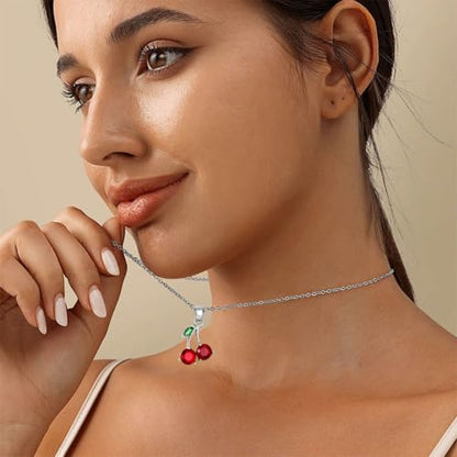 MALOYANVE Red Cherry Jewelry Set for Women 18K Gold Plated Sweet Fruit Dainty Cubic Zirconia Cherry Earring Necklace and Bracelet Summer Tropical Charm Accessories - color: Silver