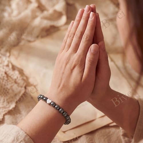 Bivei Crystal Stretch 6mm Bracelets for Women | Handmade Natural Stone Beaded Stretch Bracelet, Stainless Steel Heart Bead, Tranquility Yoga Gift Jewelry for Women - color: Hematite - Grounding
