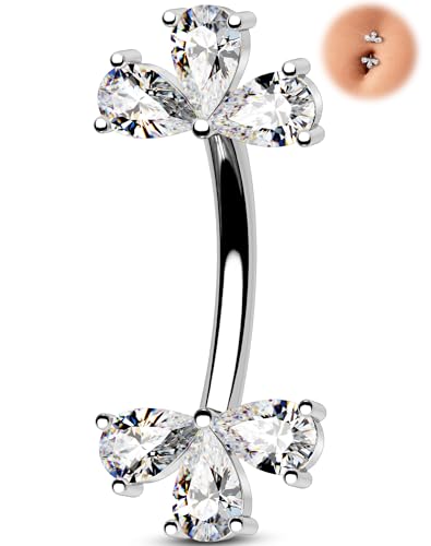 Melighting 14G Double Teardrop CZ Gold Belly Button Ring 316L Surgical Steel Navel Ring 3 Stone Drop Design Belly Bar Piercing Jewelry for Women 8 mm/10 mm - color: Steel, size: 14G10mm