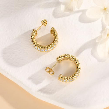 Small Gold Twisted Hoop Earrings for Women, 18K Gold Plated Hypoallergenic Chunky Cubic Zirconia Huggie Hoop Earrings Jewelry Gifts for Women