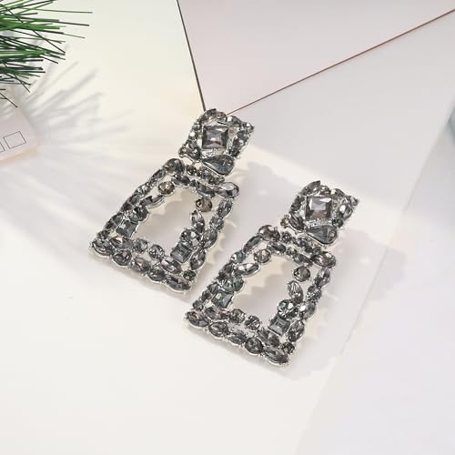 Flyonce Rectangle Clip-on Drop Earrings for Women, Sparkly Rhinestone Crystal Geometric Statement Non Pierced Earring Wedding Prom Party Jewelry for Brides Bridesmaid - color: Grey Silver-Tone