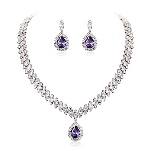 EVER FAITH CZ Marquise Leaf Teardrop Wedding Prom Jewelry Set for Women | Birthstone Pendant Necklace Dangle Earrings - color: Purple