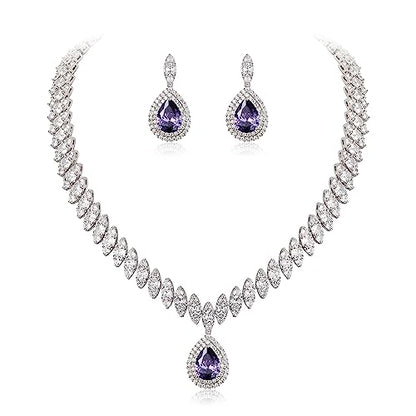 EVER FAITH CZ Marquise Leaf Teardrop Wedding Prom Jewelry Set for Women | Birthstone Pendant Necklace Dangle Earrings - color: Purple