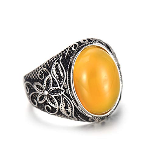 Retro Unisex Stainless Steel Oval Gemstone Hollow Flower Carved Signet Ring - color: Silver-Yellow