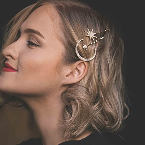 BARTOSI Moon Star Hair Clips Gold Stars Hair pins Crystal Celestial Hair Accessories for Women and Girls (Pack of 3) - color: Gold-Rhinestone