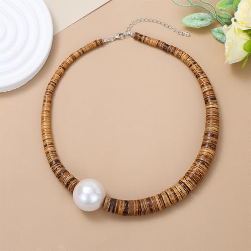 Elisheva Beaded Statement Necklace, Bohemian Layered Wood Bead and Turquoise Necklace, Chunky Coconut Shell Collar Necklace, Tribal Collar Jewelry for Women - color: Coconut Shell and Pearl