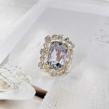Silver Rectangle Rhinestone Statement Ring for Women Luxury Fashion Exaggerated Large Thick Chunky Geometric Crystal Finger Knuckle Band Wrap Open Adjustable Rings Wedding Cocktail Prom Party Jewelry Gift - color: Gold