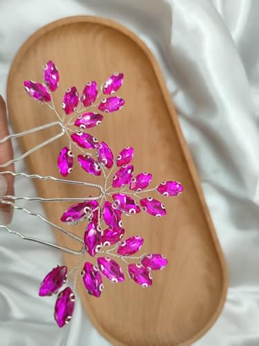 Wedding Party Hair Pins for Brides Crystal Leaf Bridal Shower Headpieces Bridesmaid Honeymoon's Photography Headpieces(set of 3),Fuchsia - color: Fuchsia