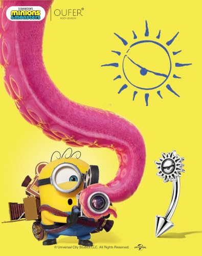 OUFER | Minions 16g Internally Threaded Eyebrow Piercing Jewelry | 316L Surgical Steel Minions Eye Sun Rook Earrings with 8mm Bar, Punk Design Helix Lip Piercing Jewelry for Women Men