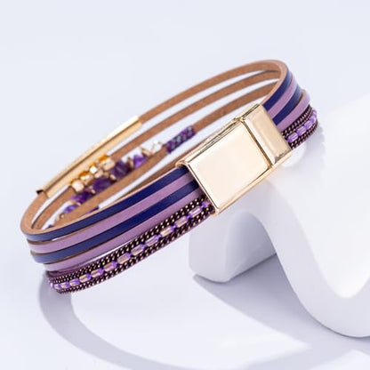 Boho Gemstone Beaded Leather Wrap Bracelets Stackable Chunky Cuff Bracelet Western Jewelry Cowboy Chic Country Concert Outfits for Women - color: Purple