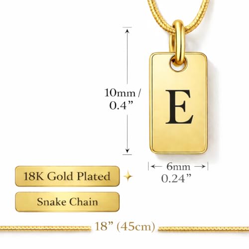 Initial Necklace in 18K Gold Plated, Personalized Engraved Letter Pendant, Gold Snake Chain, 6×10 mm Rectangle Charm for Women - color: E