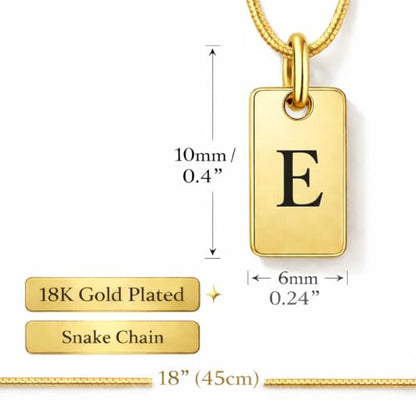 Initial Necklace in 18K Gold Plated, Personalized Engraved Letter Pendant, Gold Snake Chain, 6×10 mm Rectangle Charm for Women - color: E