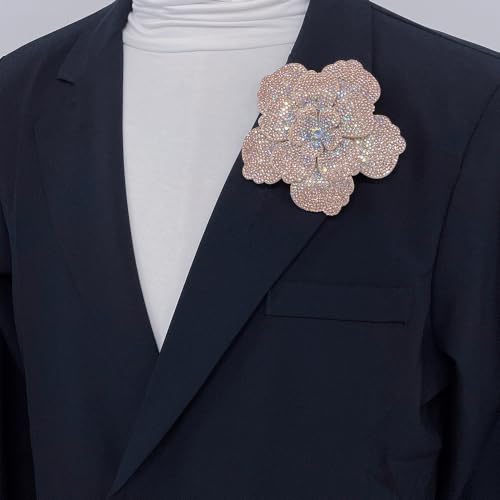Rhinestone Flower Brooch Pin for Women Men Elegant Sparkly Crystal Camellia Floral Lapel Pins Shawl Dress Suit Clothes Accessories Wedding Party Fashion Jewelry 105mm - color: Champagne AB