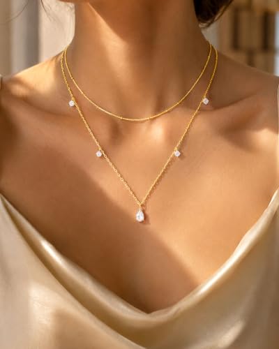 Gold Necklace Stack, Layered Gold Necklaces for Women Jewelry Set | 14K Gold Plated, Separate Chains, Pendant, Dainty, Non Tarnish, Delicate, Chain, Multi, Gift - color: 2 Layer-Teardrop Sation Gold