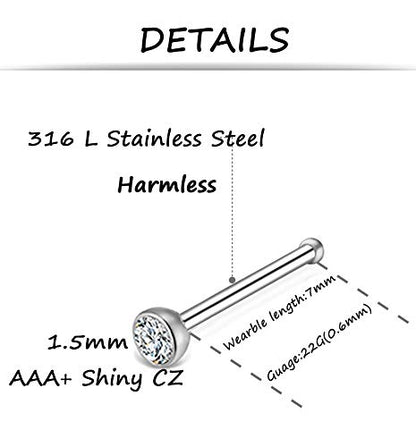 100Pcs Bone Nose Studs Stainless Steel Multicolor Cubic Zirconia Nose Rings Stud Hoop Tragus Cartilage Nose Ring Labret Nose Piercing Pin Jewelry for Women Men 1.5mm 2mm 2.5mm 20G 22G - style: A:60Pcs 1.5mm CZ+40Pcs 8mm Nose hoop
