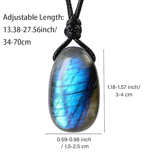 Natural Gemstone Pendant Necklace Healing Crystal Stone Choker Necklace Adjustable Waxed Black Rope for Men - color: Labradorite