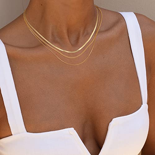 Freekiss Layered Necklace Set for Women Stackable | Herringbone Snake Cuban Rope Chain, Dainty Choker, Layered Stackable, Non Tarnish, Hypoallergenic, Adjustable 14-18.5" - color: Gold, style: Cuban+Box chain+Snake