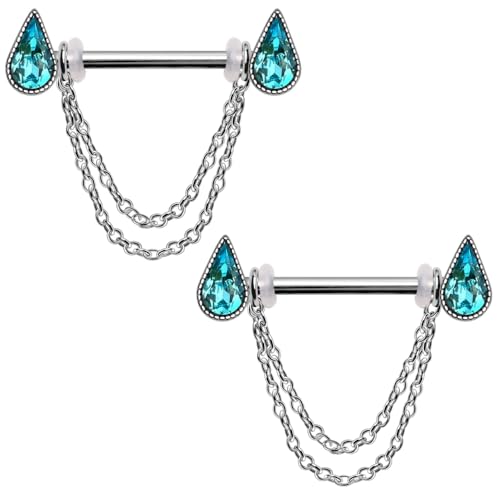 Pierced Owl 14GA 316L Stainless Steel Aqua Teardrop Crystals with Dangling Chains Nipple Barbells, Sold as a Pair