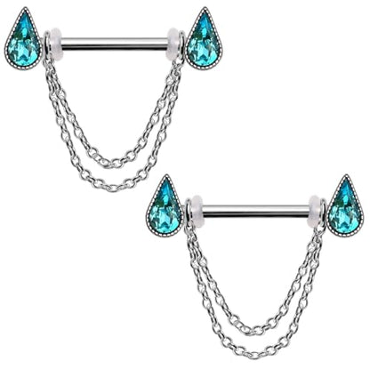 Pierced Owl 14GA 316L Stainless Steel Aqua Teardrop Crystals with Dangling Chains Nipple Barbells, Sold as a Pair