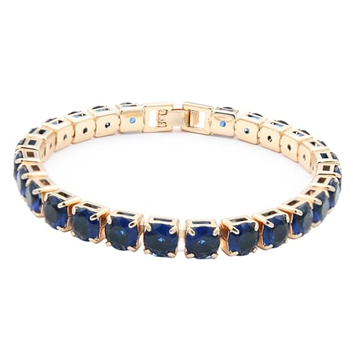 Tennis Bracelet, 6mm Black Cubic Zirconia, Gold Plated Brass, 7 Inch Length, 16.5 Grams, Multiple Colors Available - color: Gold Blue