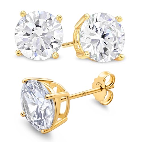 KEZEF Sterling Silver Stud Earrings for Women & Men - 4-Prong Setting Cubic Zirconia Earrings Studs - Premium CZ S925 Hypoallergenic - Available in 14K White and Yellow Gold, Rose Gold - 3mm to 9mm - color: 14K Yellow Gold, size: 8mm - Bold