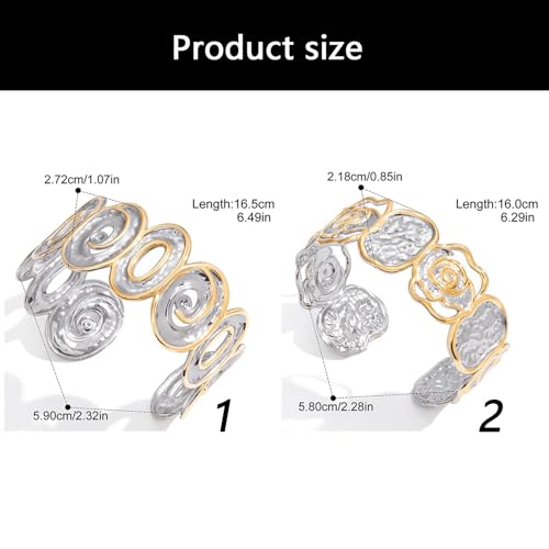 Stylish Two Tone Jewelry Stainless Steel Hammered Bangle Open Cuff Design Twist Cutout Detail Comfortable Wear Twist Openwork Adjustable Wristband - color: A