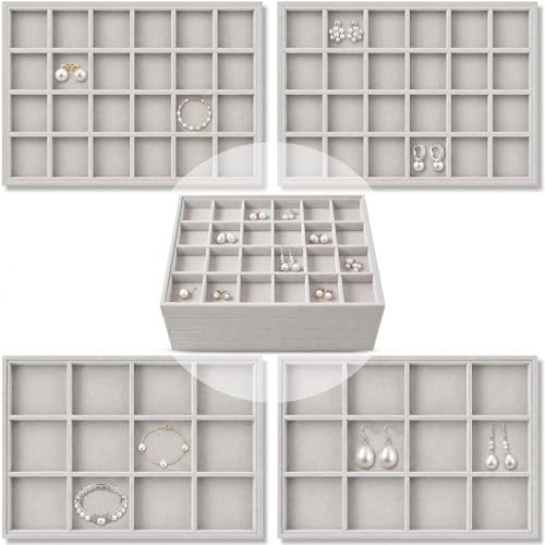 Unittype Set of 4 Stackable Jewelry Organizer Tray for Drawer Inserts Velvet Necklace Earring Bracelet Ring Holder Jewelry Display Storage Box for Bangle Stud Necklace Ring(24+12 Grid,Gray) - color: Gray, style: 24+12 Grid