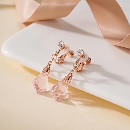 Austrian Crystal Baroque Drop Clip On Dangle Earrings for Women Non Pierced 14K Rose Gold Plated Hypoallergenic Jewelry - color: Pink