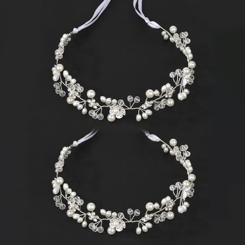 Wecoe Flower Girl Headpieces 2pcs Silver Crystal Beads Pearl Headbands Wedding Bridal Flower Girl Hair Accessory Princess Hair Accessories for Birthday, Party, First Communion, Baptism - color: Silver B