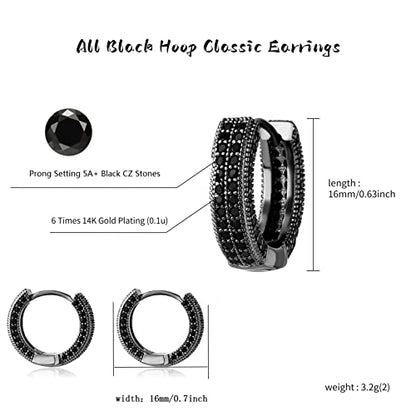 Iced Out Hoop Earrings Cubic Zirconia Huggie Cartilage Cuff Hypoallergenic 14K Gold Plated Luxury Fashion Round Circle Earrings For Men Women - color: 02 Black