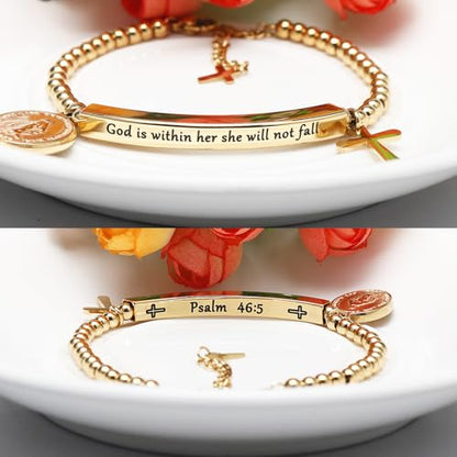DS Inspirational Bracelet for Women Christian Engraved Bibler Verse Cross Butterfly Daisies Charm Bracelet, Exquisite Stainless Steel Jewelry Daughter Best Friend Bestie - style: God is Within Her She Will Not Fall-Gold