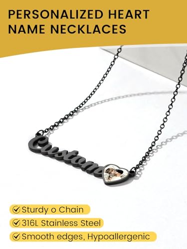 GoldChic JEWELRY Name Necklace Personalized for Men, Womens Custom Name Plate Chain, Stainless Steel Customized Old English Nameplate Choker with Curb Chains Custom, 16 inches to 30 inches - color: Photo & Rolo Chain 1.8 mm -Black