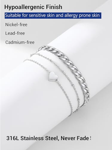 PROSTEEL Trendy Handcuffs Design/Customize Words Ankle Bracelet For Women, 316L Stainless Steel Anklets Silver/Gold/Black Tone, Hypoallergenic, Come with Box - style: 05.2 Layered-Cuban&Heart-Silver