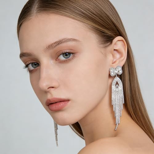 Rhinestone Earrings Dangling for Women Sparkly Silver Dangle Earrings Girls Long Chandelier Earrings Tassel Lightweight Ear Studs Cubic Zirconia (KE001S-W) - color: Bow YXE039PL-W