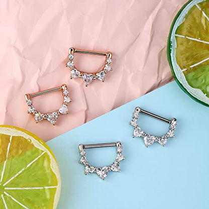 Melighting 2pcs 14G Nipple Rings Surgial Steel 316L Piercing Jewelry Shiny Heart Clear CZ Nipple Bars Rose Gold 14mm - color: white gold