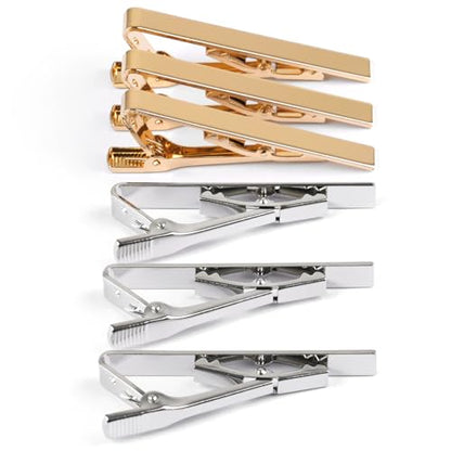 MOWPOG 6 Pcs Tie Clips for Men, Tie Bar Pins Tacks with Gift Box | Copper, Shiny & Glossy, for Father, Husband, Boyfriend, Business, Wedding, Suit Accessories, Easy to Open, Won't Fade/Scratch - color: 3 Gold + 3 Silver
