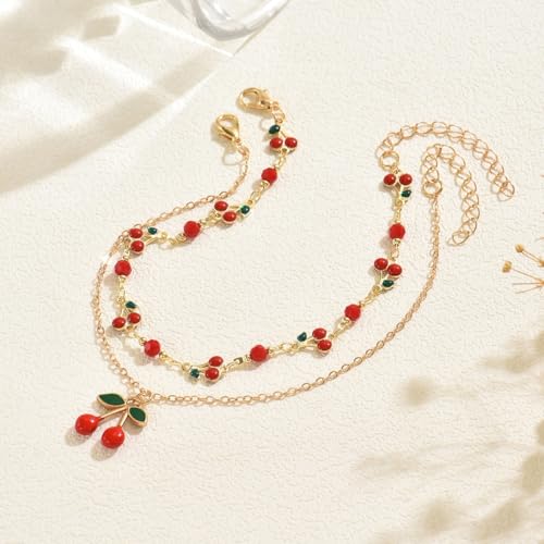 Ankle Bracelets for Women Gold Anklet Set Boho Vacation Gift | Gold anklet set for women 5 styles with matching gift pouch.Boho adjustable non-tarnish jewelry.Perfect present idea. - color: Cherry