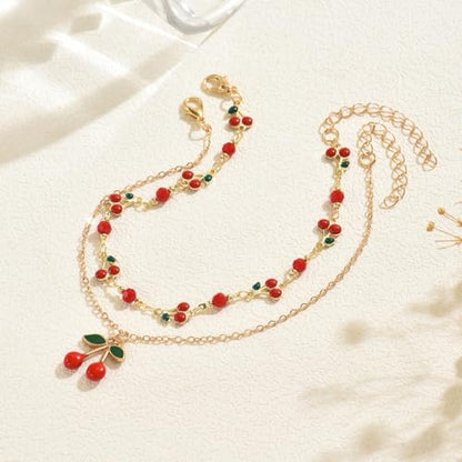 Ankle Bracelets for Women Gold Anklet Set Boho Vacation Gift | Gold anklet set for women 5 styles with matching gift pouch.Boho adjustable non-tarnish jewelry.Perfect present idea. - color: Cherry