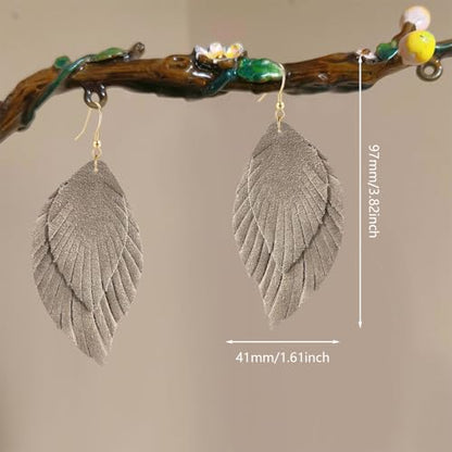 Genuine Leather Handmade Fringe Feather Lightweight Dangle Drop Earrings Teardrop Tassel Hook Earrings for Women - style: 10 Light Gray