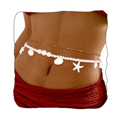 Florry Pearl Waist Chain Seashell Starfish Belly Chain Layered Waist Body Chains Summer Beach Party Club Body Accessories Jewelry for Women - color: Starfish Shells